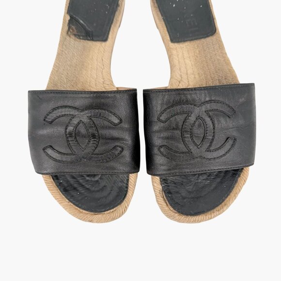 Chanel Black Leather CC Espadrille Slide Sandals Flats Size 38 US 7–7.5 Women's - Picture 3 of 15